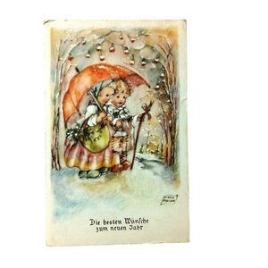 Best Wishes for the New Year German Erna Maison Postcard Used Girls Umbrella